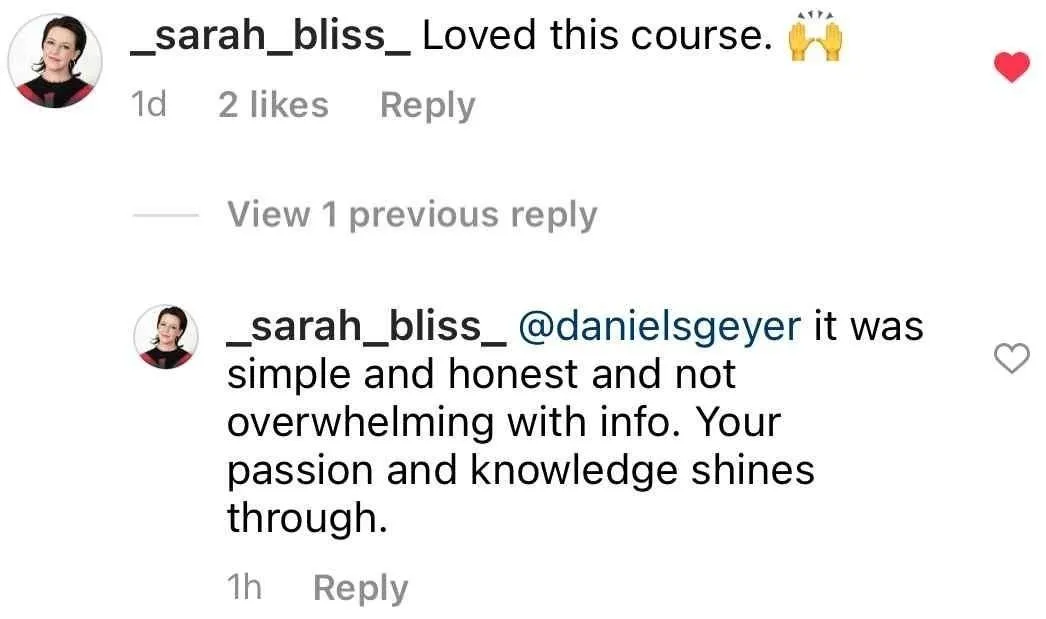 1-Week Director by Dan Geyer: sarah_bliss: Loved this course. it was simple and honest and not overwhelming with info. Your passion and knowledge shines through.