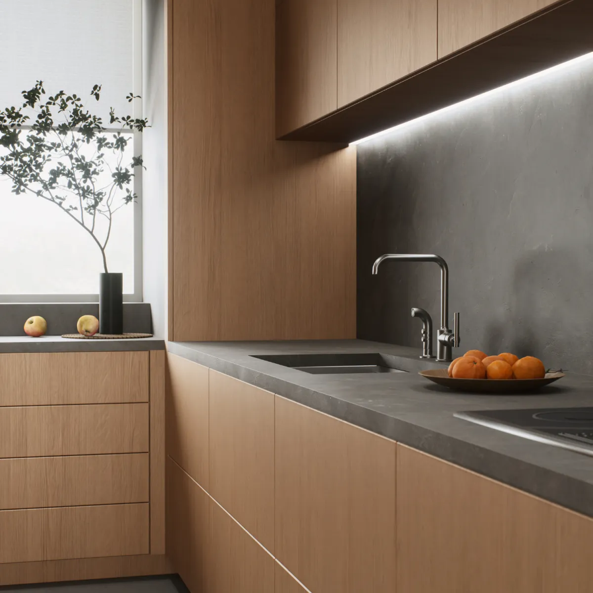 Refinished kitchen cabinets with smooth wood surfaces and updated modern finish.