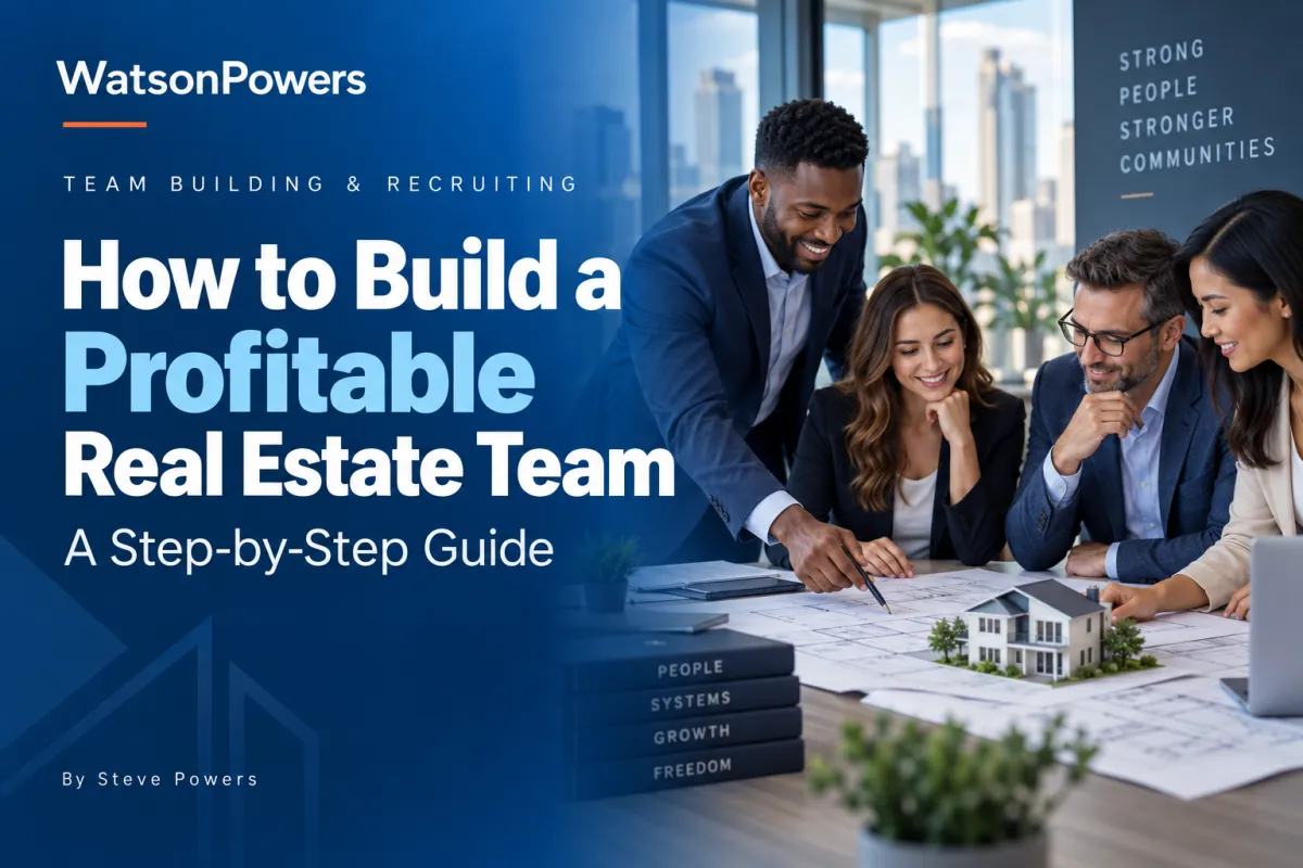 WatsonPowers guide by Steve Powers: How to Build a Profitable Real Estate Team, with agents collaborating around a model house.