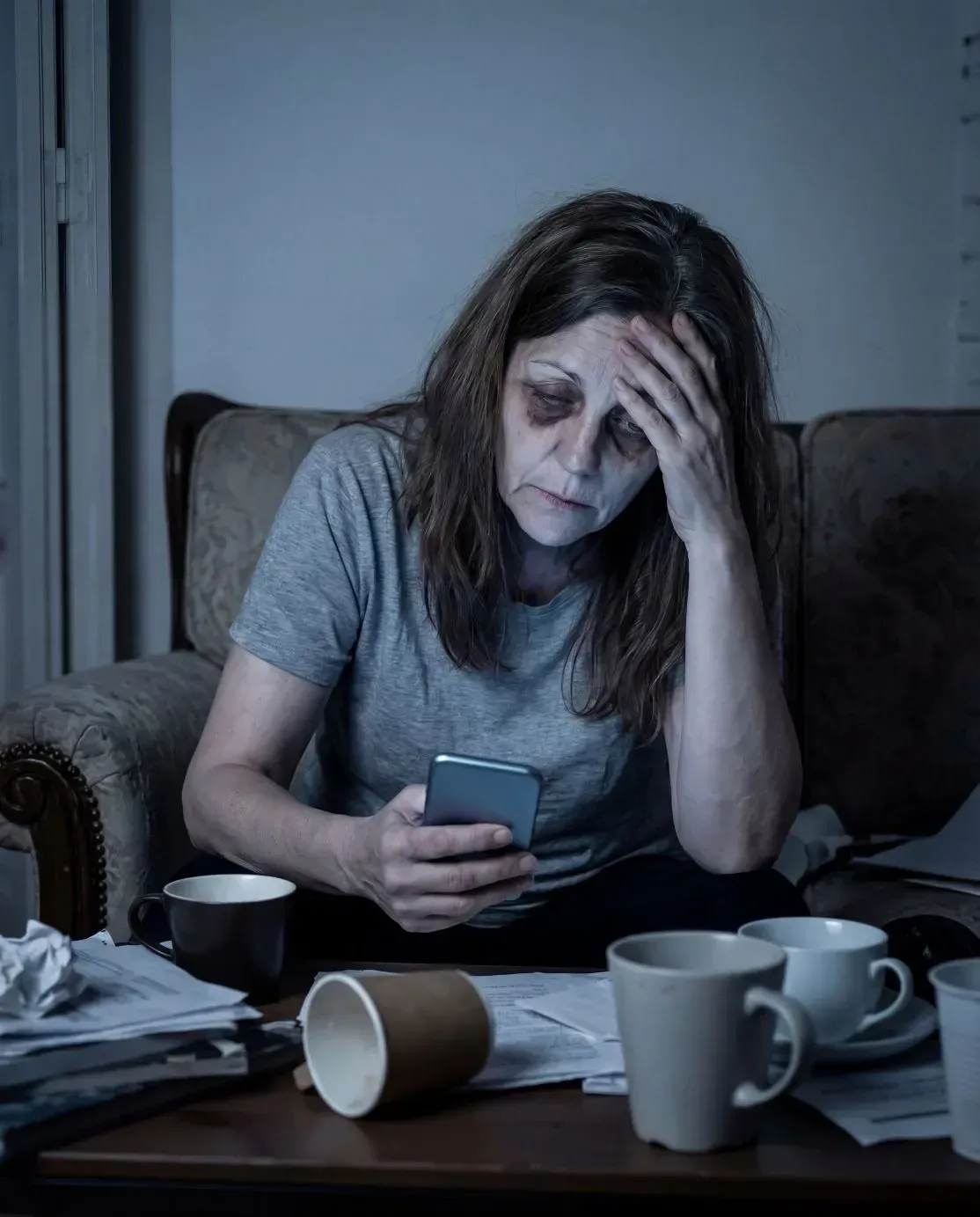 Woman exhausted on couch scrolling her phone compared to a happy woman smiling outdoors in sunlight