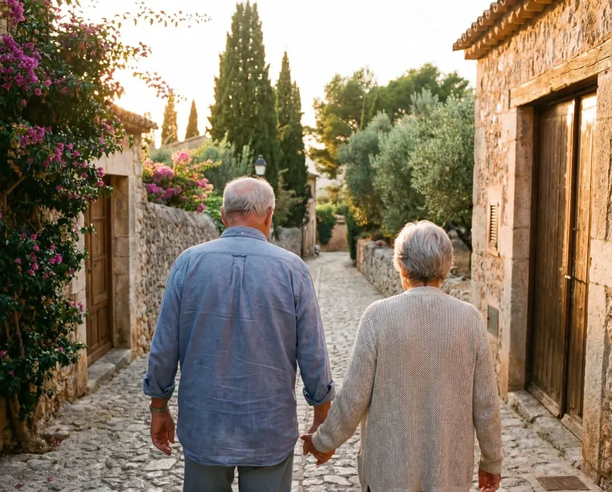 Elderly couple holding hands walking through a Sardinian stone village at sunset