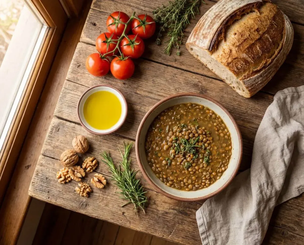 Mediterranean lentil soup with olive oil sourdough bread tomatoes walnuts and rosemary on a wooden table