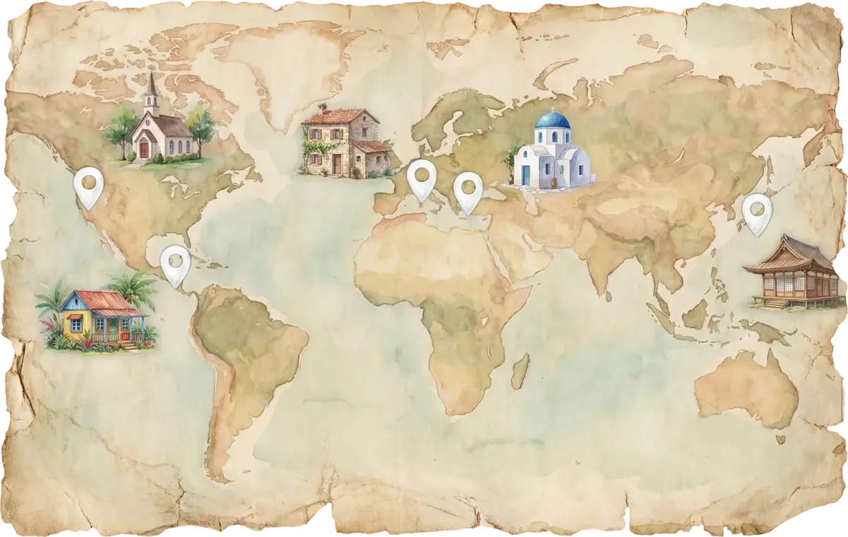 Watercolor world map showing the five Blue Zone locations Sardinia Okinawa Ikaria Nicoya and Loma Linda