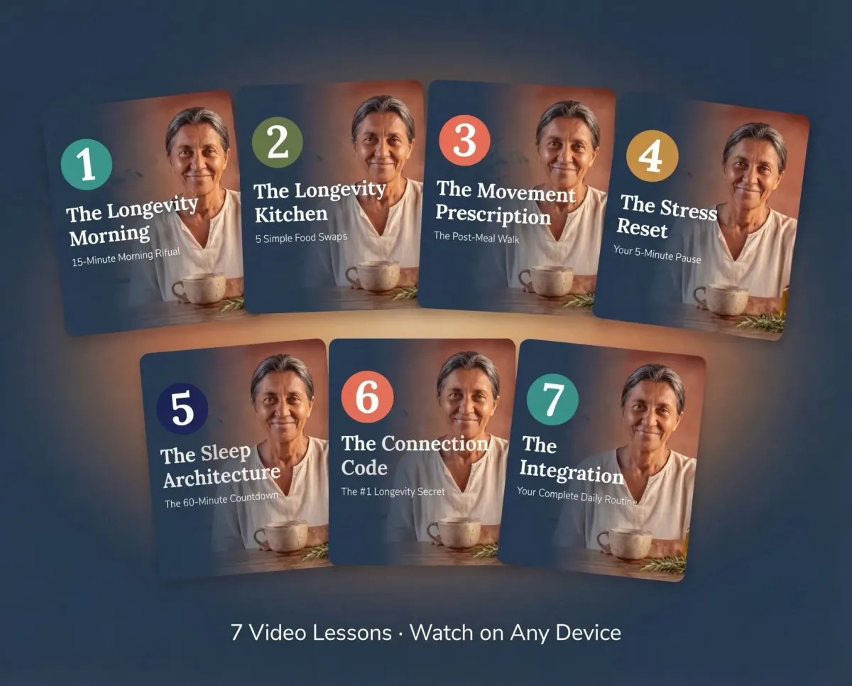 All 7 video lessons of The Longevity Reset course from The Longevity Morning to The Integration