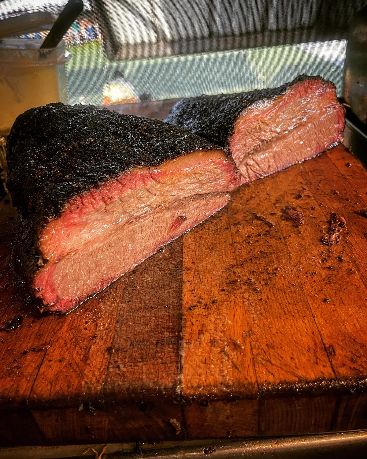 A close-up of sliced brisket