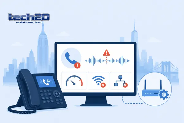 Professional team in a modern NYC office engaged in a video conference, with real-time VoIP network performance analytics on a large display screen.