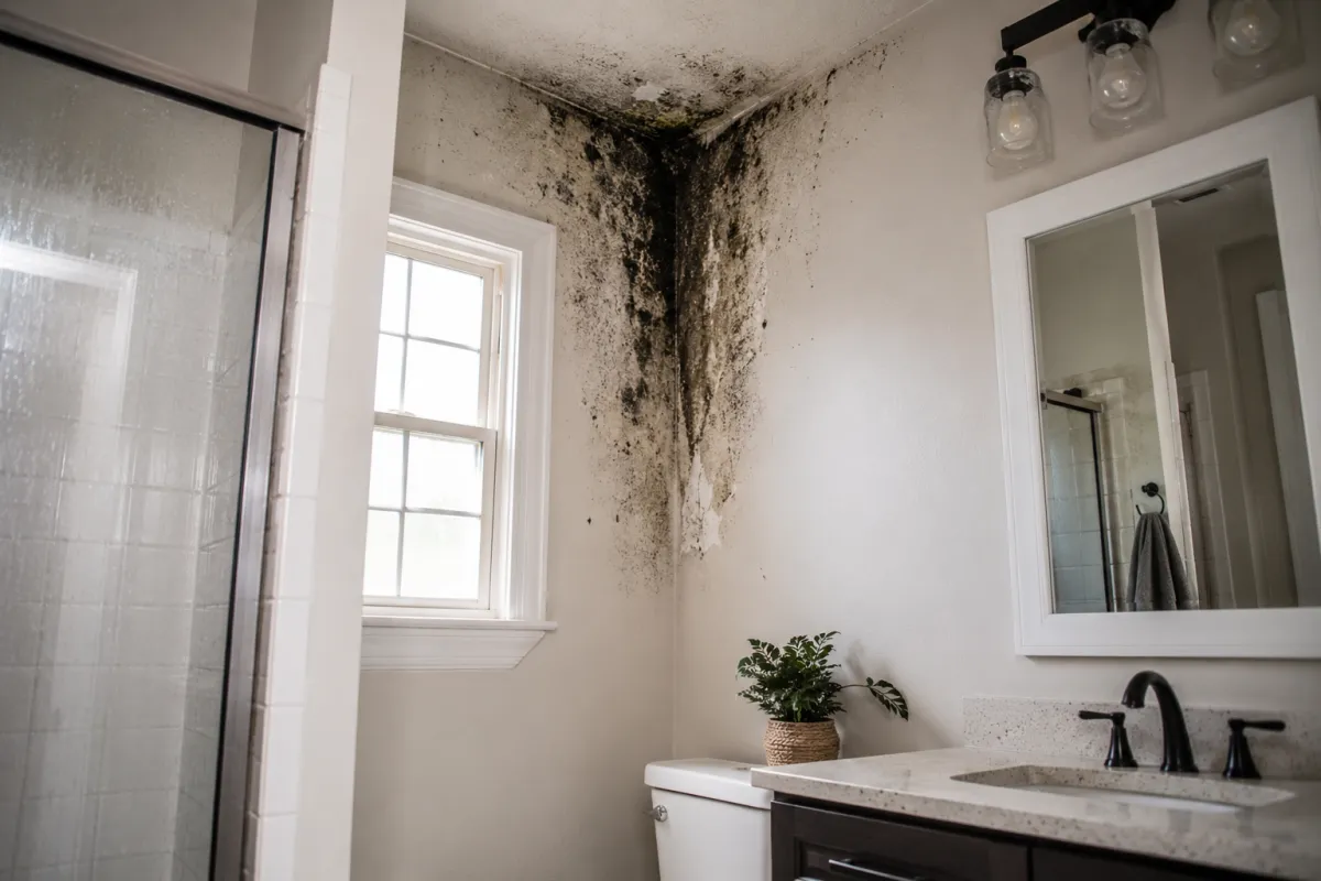 black mold removal in a houston bathroom with plastic containment
