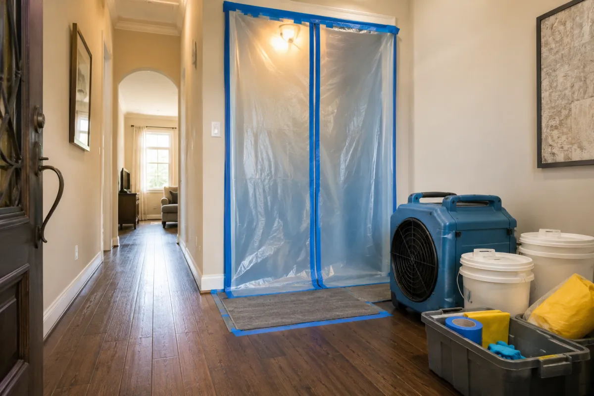 biohazard cleanup containment being set up in a houston home