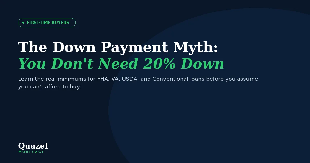Navy blue background with the title "The Down payment myth: you Don't need 20% down"