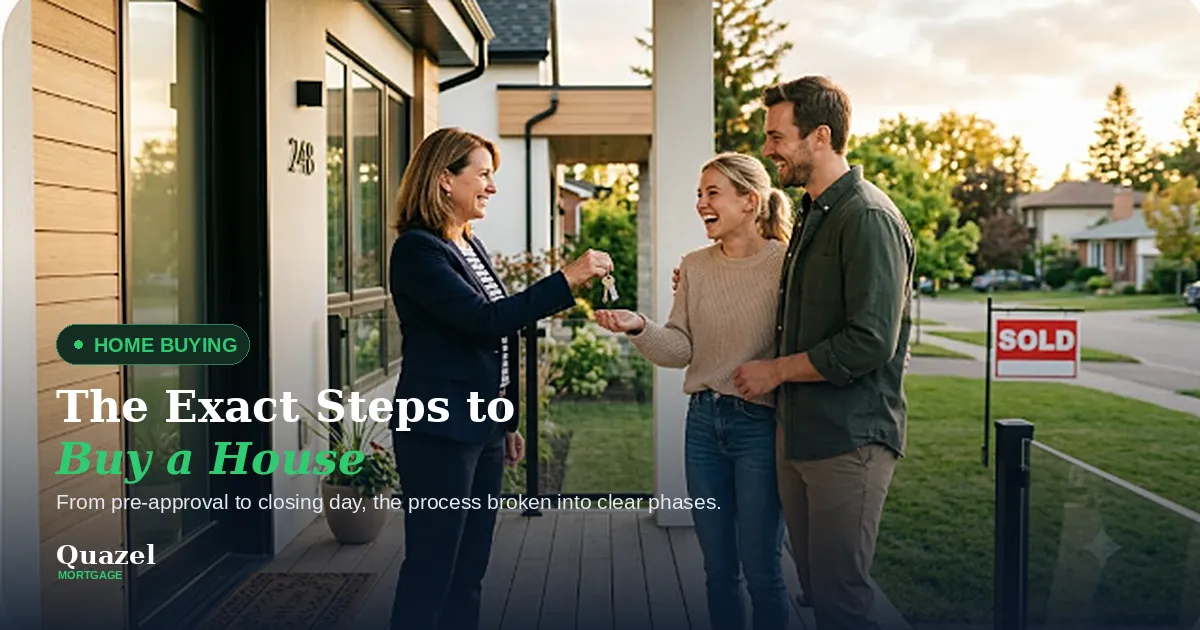 Real estate agent handing house keys to a smiling young couple in front of a home with a Sold sign