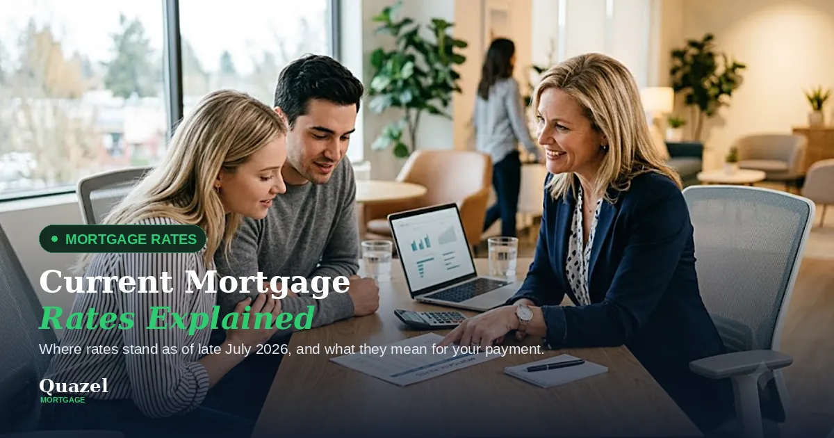 Loan Officer reviewing mortgage rate charts on a laptop with a young couple in a bright office