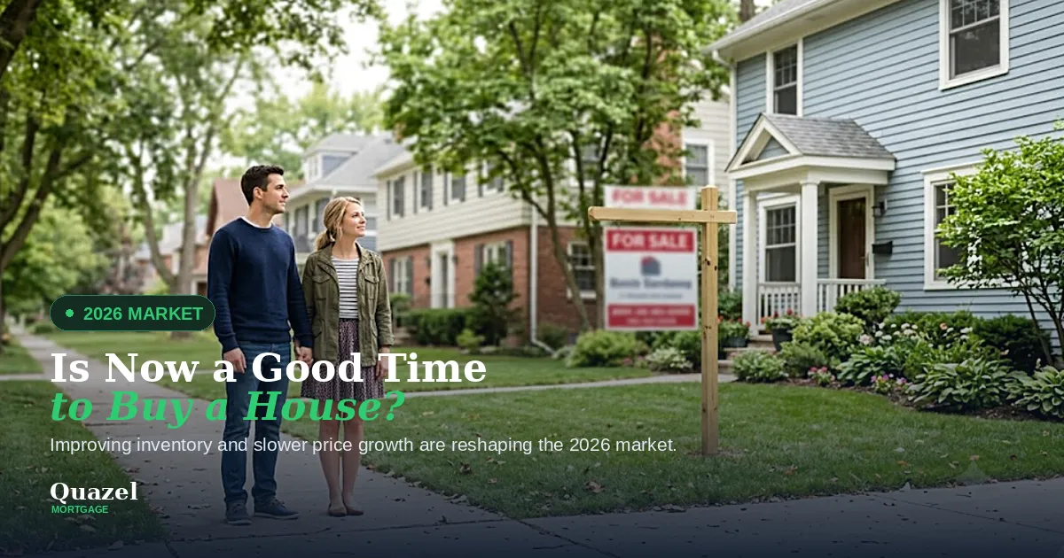Young couple walking through a neighborhood past homes with For Sale signs