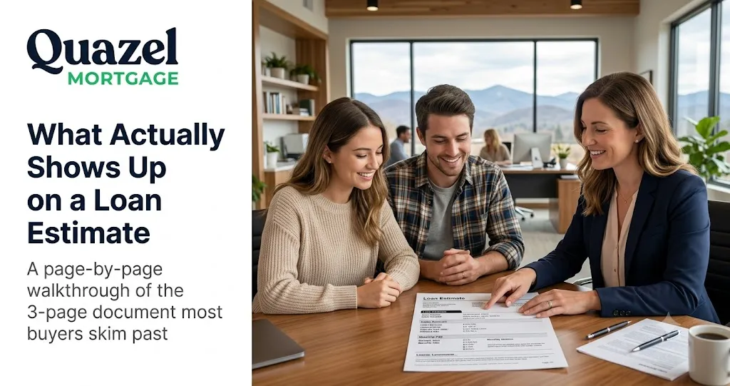 Quazel Mortgage blog cover image for What Actually Shows Up on a Loan Estimate, a page by page walkthrough of Loan Estimate costs