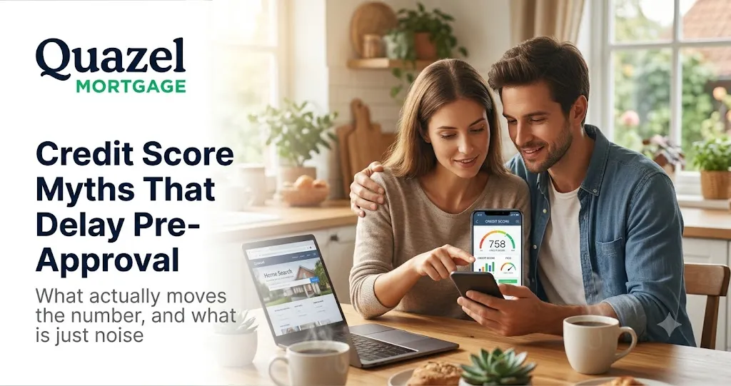 Quazel Mortgage blog cover image for Credit Score Myths That Delay Pre-Approval, common mistakes buyers make with their credit before applying for a mortgage