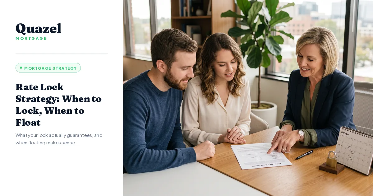 Loan officer and clients reviewing a rate lock agreement at a desk