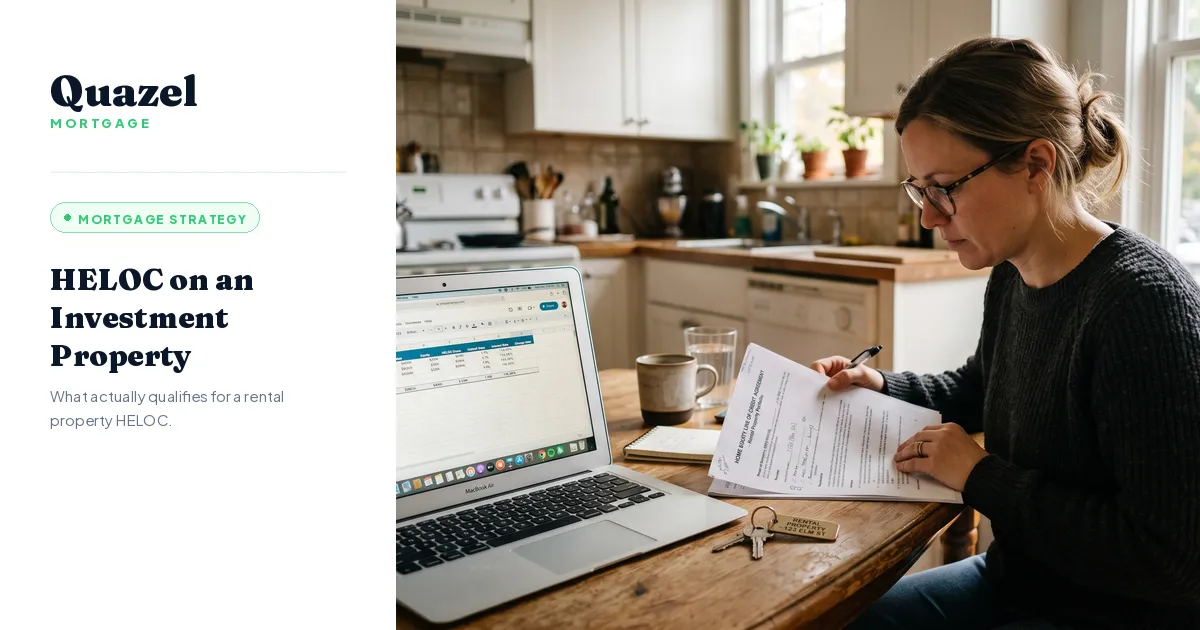 Homeowner reviewing HELOC paperwork for a rental property at her kitchen table