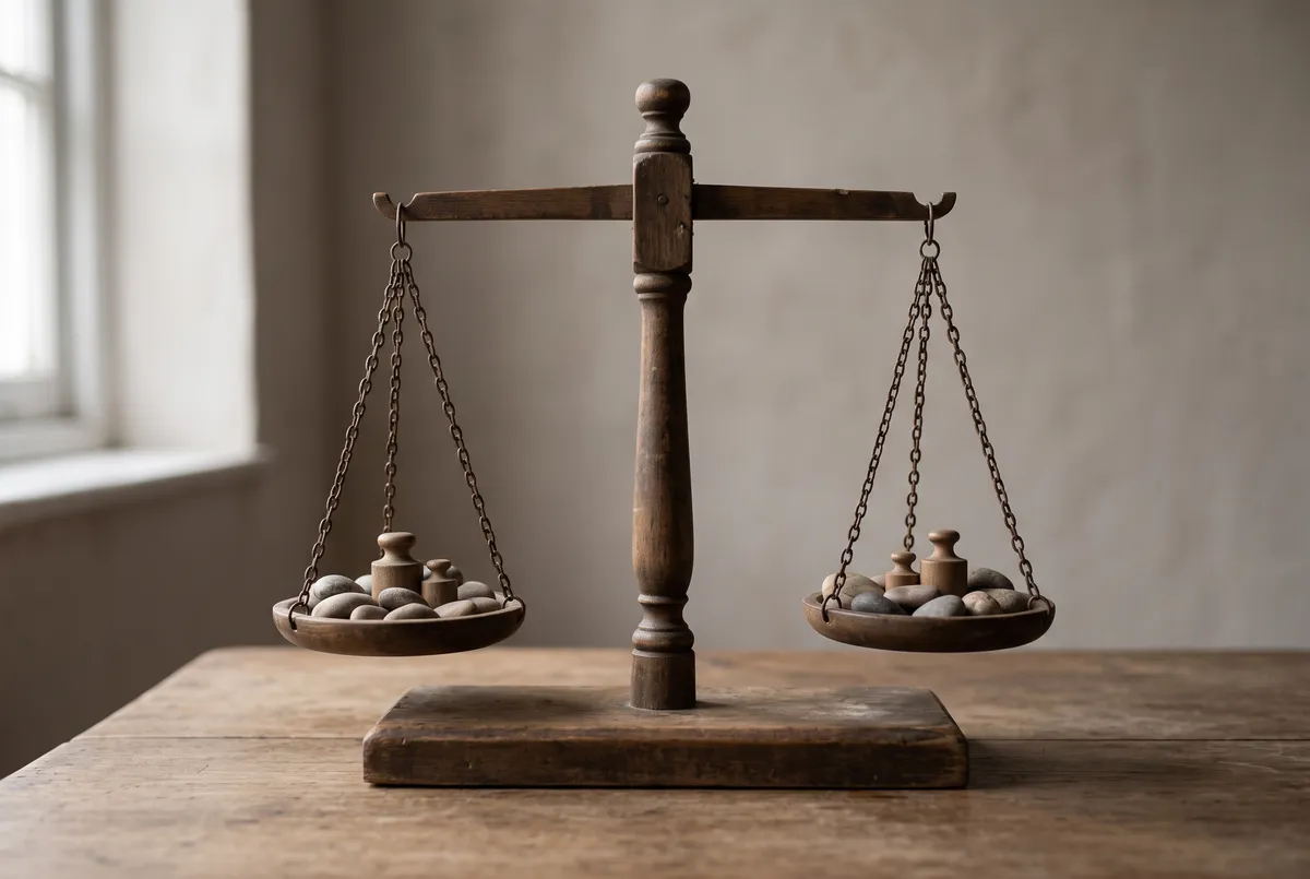 Old wooden balance scale nearly level, representing how debt to income ratio is calculated