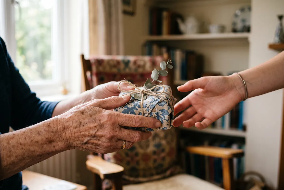 Hands wrapping a gift to pass to a younger person, representing gift funds for a down payment