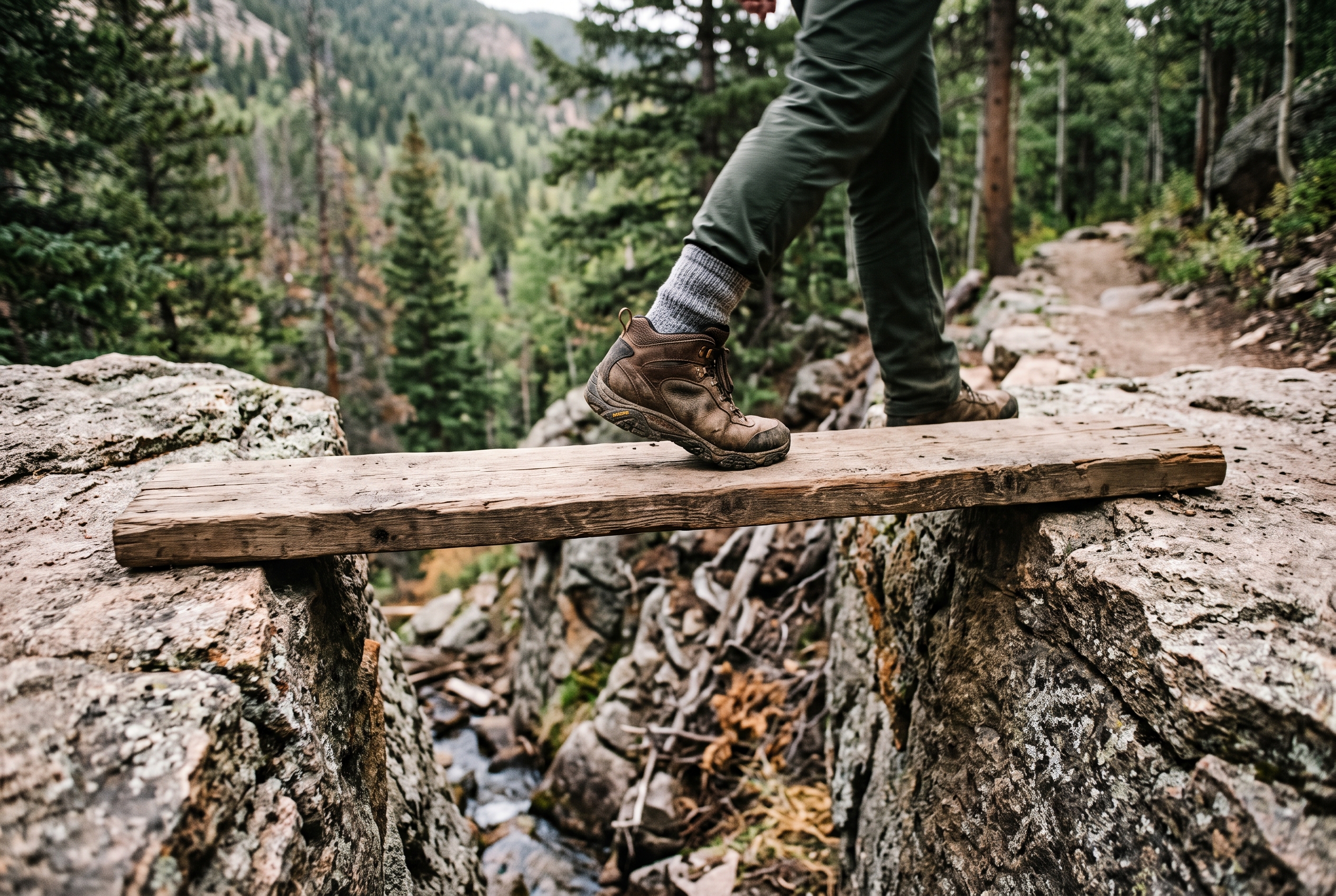 A wooden plank bridging a gap between two rock ledges, representing covering an appraisal gap