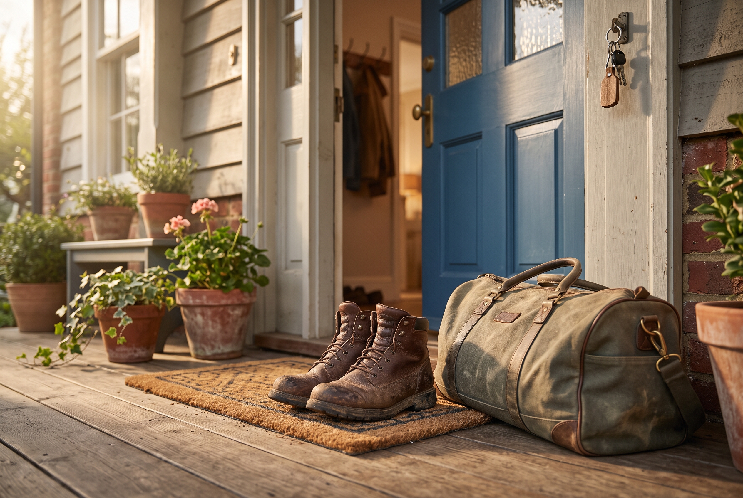 Worn boots and a canvas duffel bag by a front door in morning light, representing a homecoming