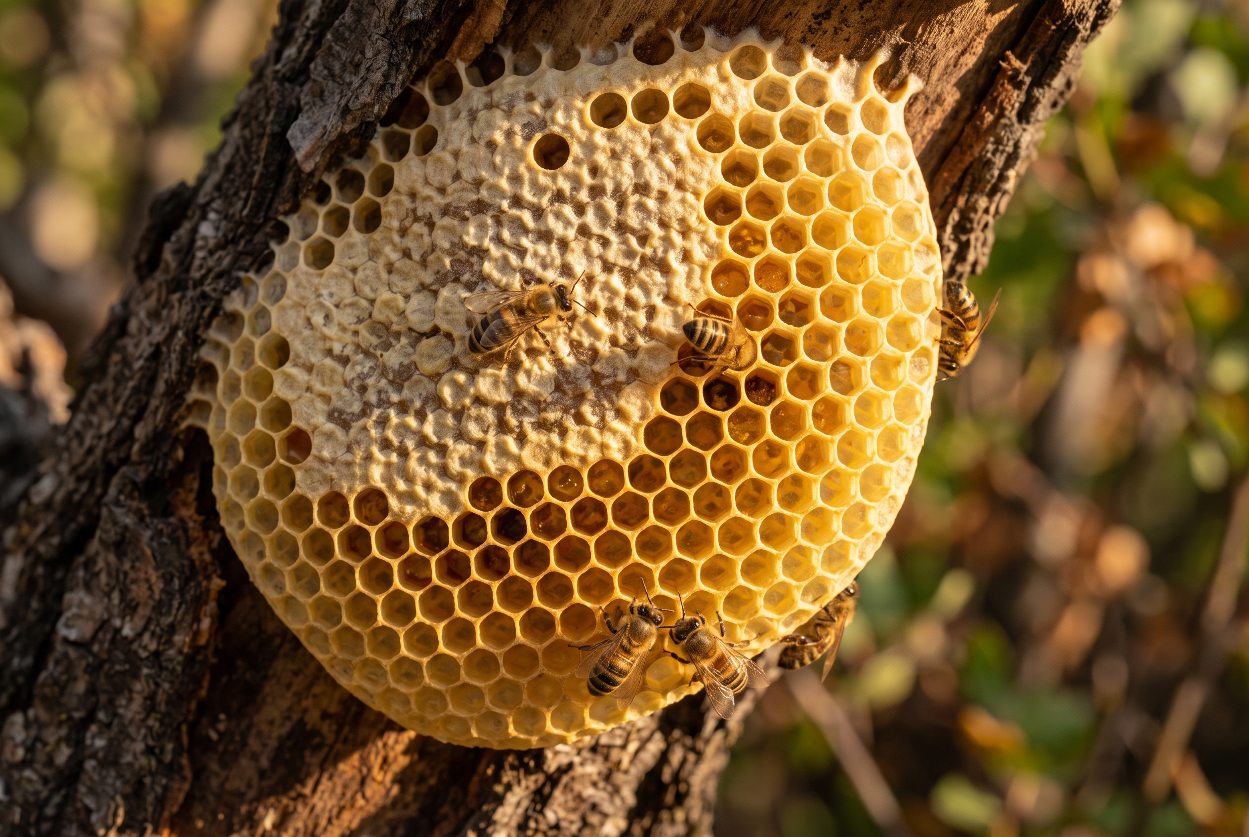 Natural beehive with honeycomb and bees at work, representing multiple productive units under one structure