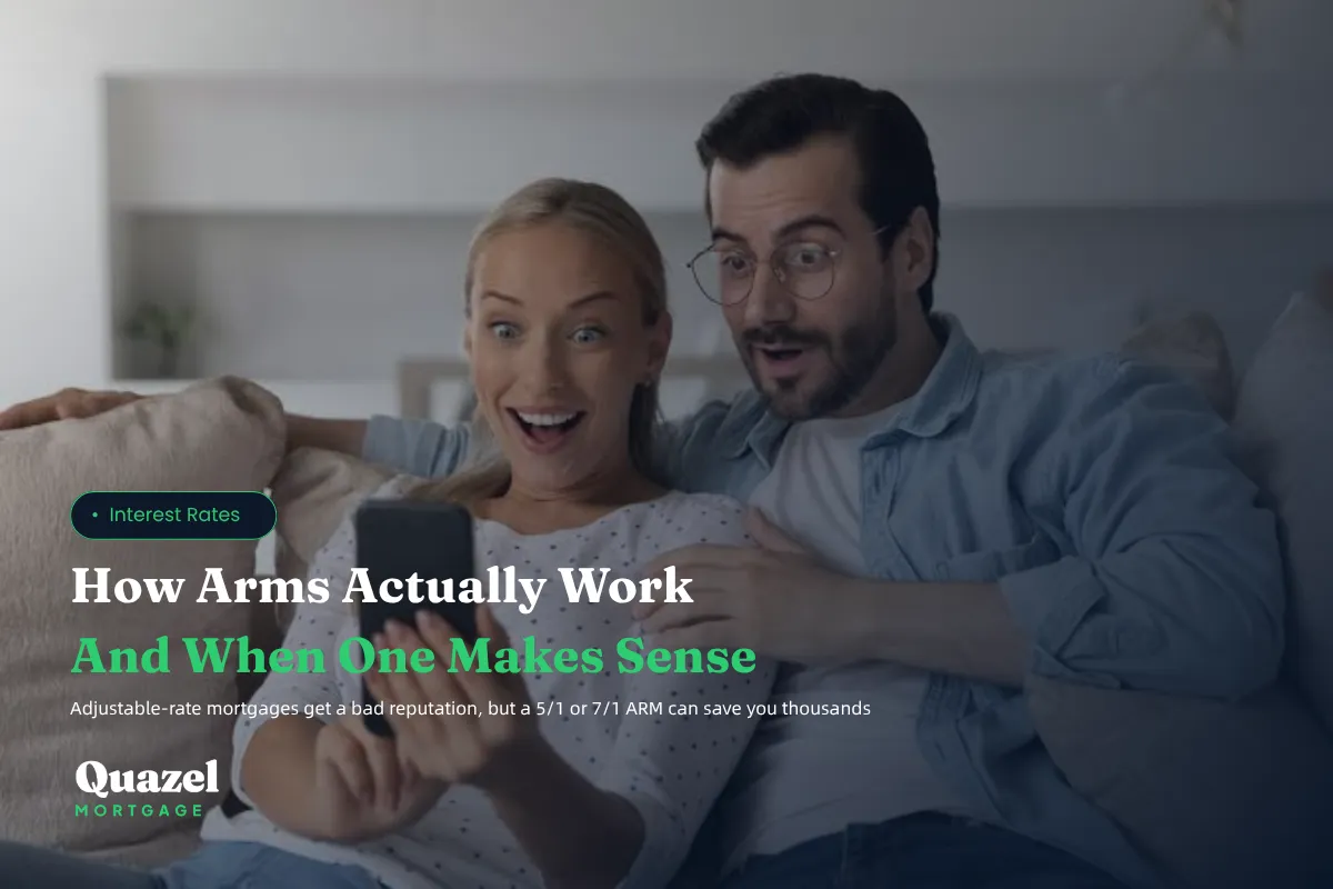 A surprised couple looking at their phone with the title How Arms Actually Work