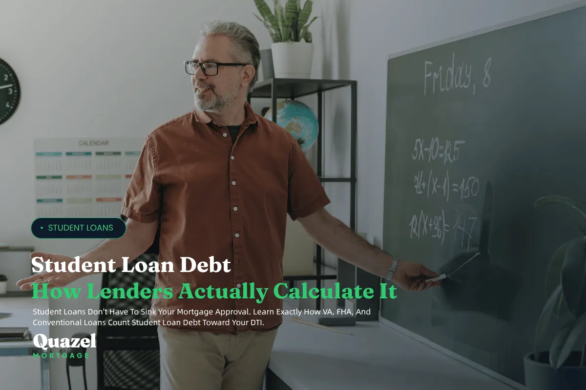 A teach standing in front of a room writing on a chalk board explaining how lenders calculate student loan debt.