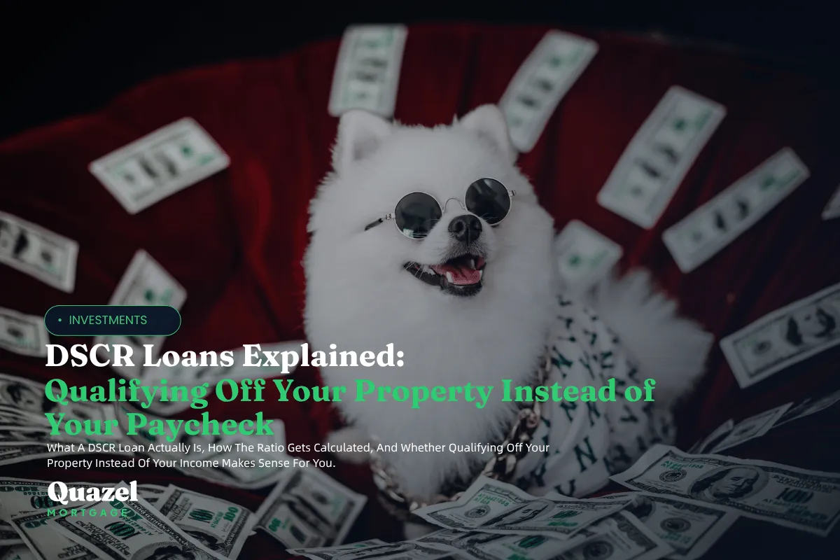 This is funny picture with a red cloth backdrop with 100 dollar bills laying around it and a small white dog wearing circled sunglasses, with a gold chain and NY shirt.  The dog is staring off to the side of the camera like he's ready to explain DSCR Loans.