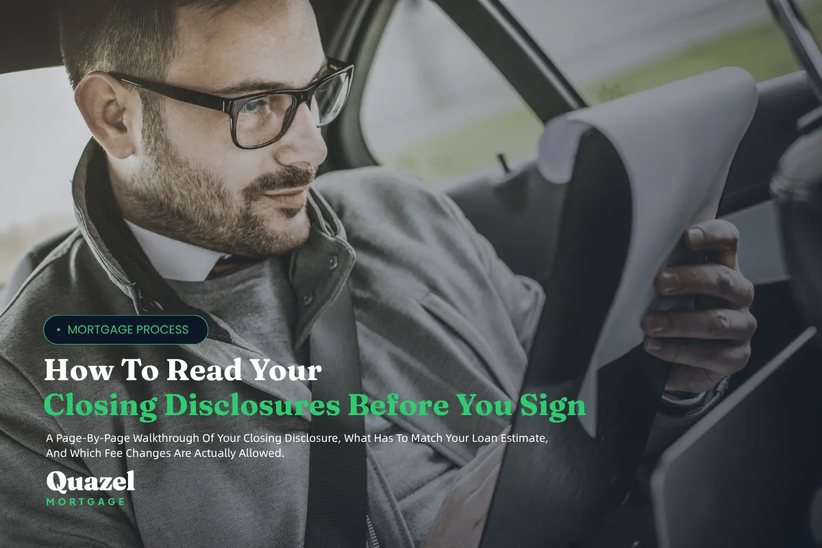 A middle aged guy sitting in a car staring at a clip board with closing disclosures.