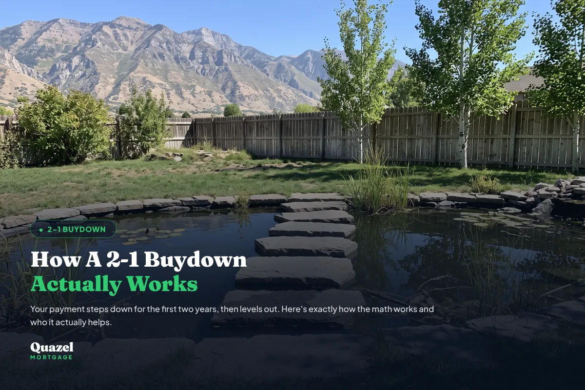Stepping stones across a backyard pond, representing a 2-1 buydown's gradual payment step-down