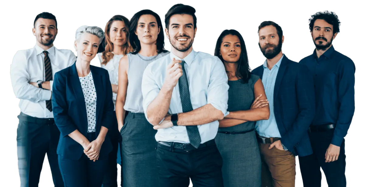 A group of professional men and women standing in a group looking as though they are ready to help.