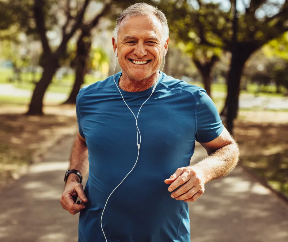 Man running outdoors with increased energy supported by NAD+ therapy