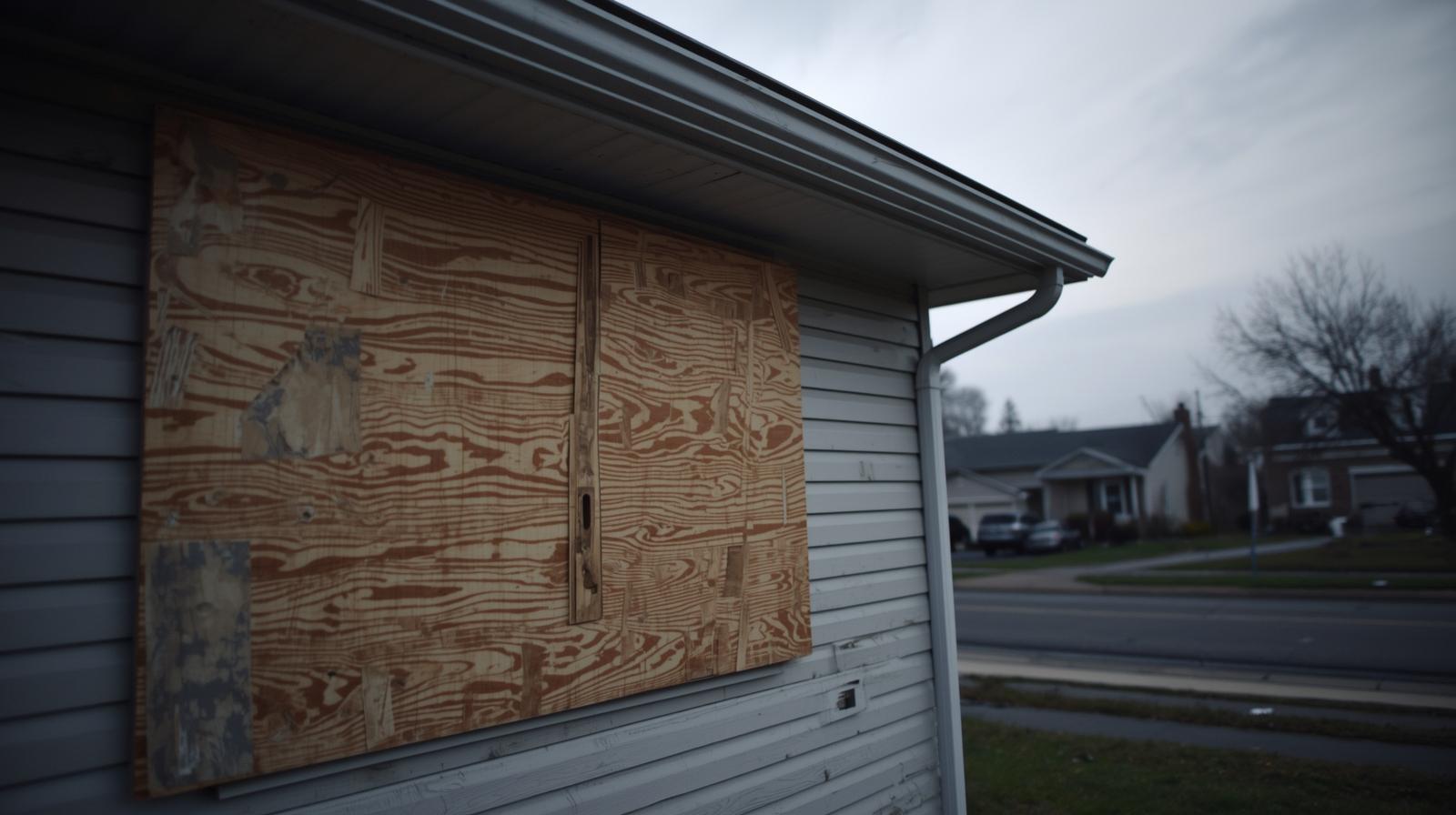 Professionally boarded up residential window in Dallas suburb to prevent weather damage and unauthorized entry.
