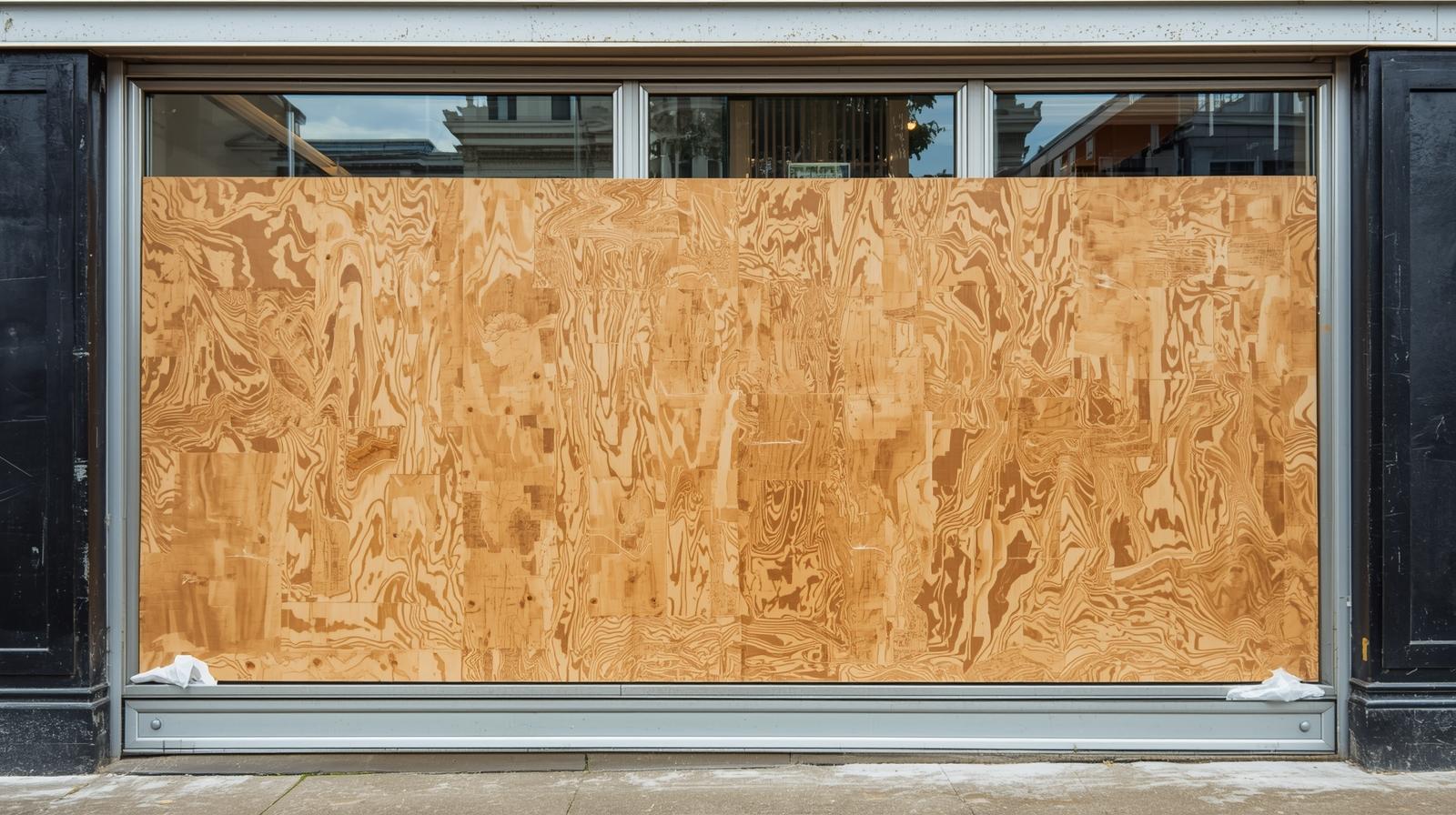 Emergency commercial storefront board up in Dallas following glass vandalism; high-security plywood installation.