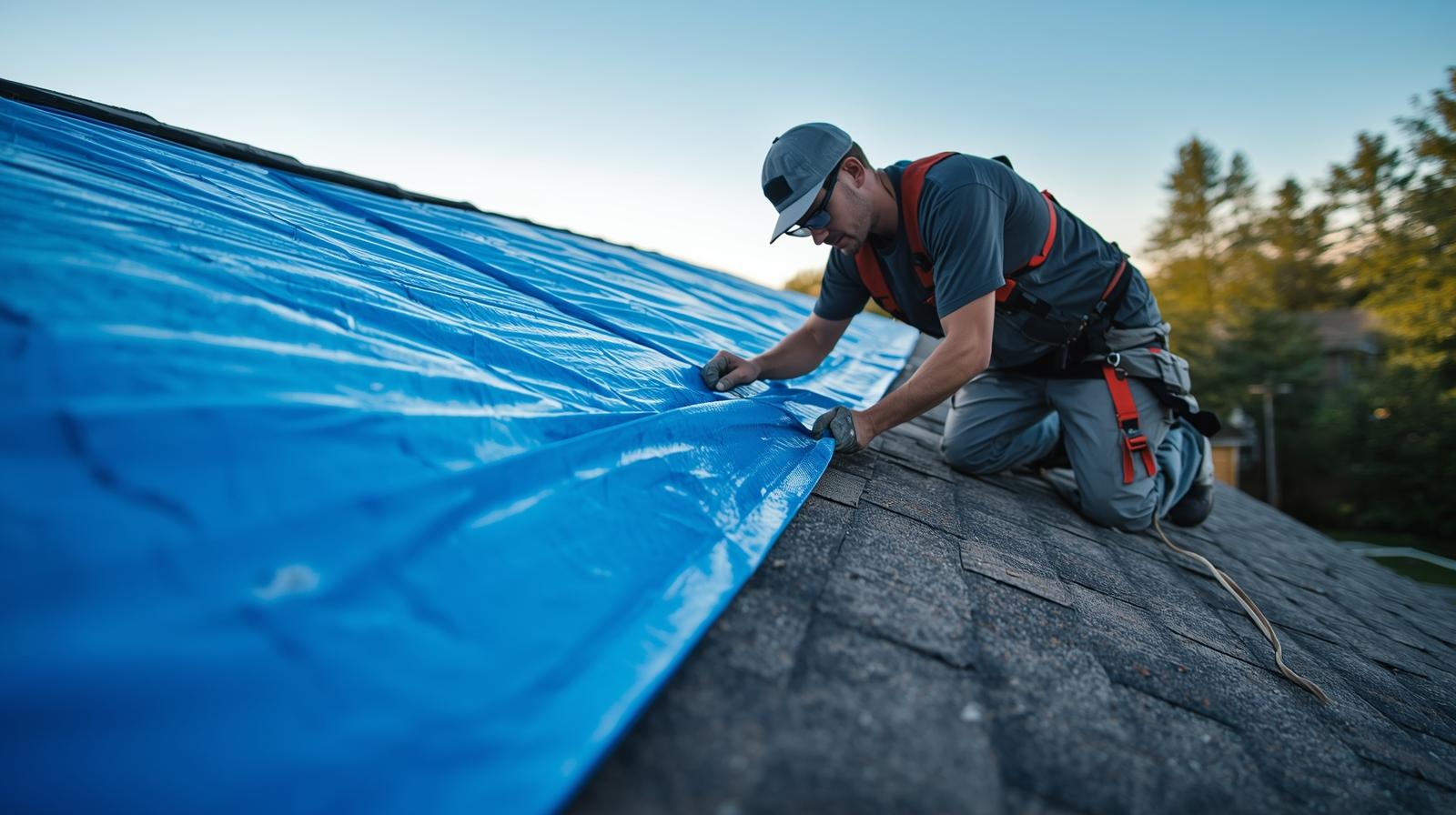 Professional roof tarping installation on a storm-damaged Plano home to prevent interior water leaks.