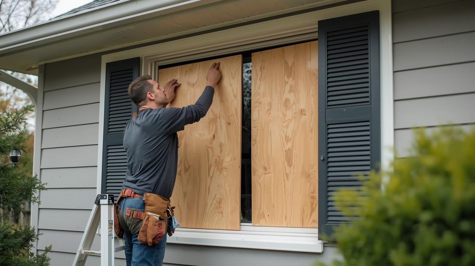 Service technician installing heavy-duty plywood to secure a shattered residential window in Dallas, Texas.