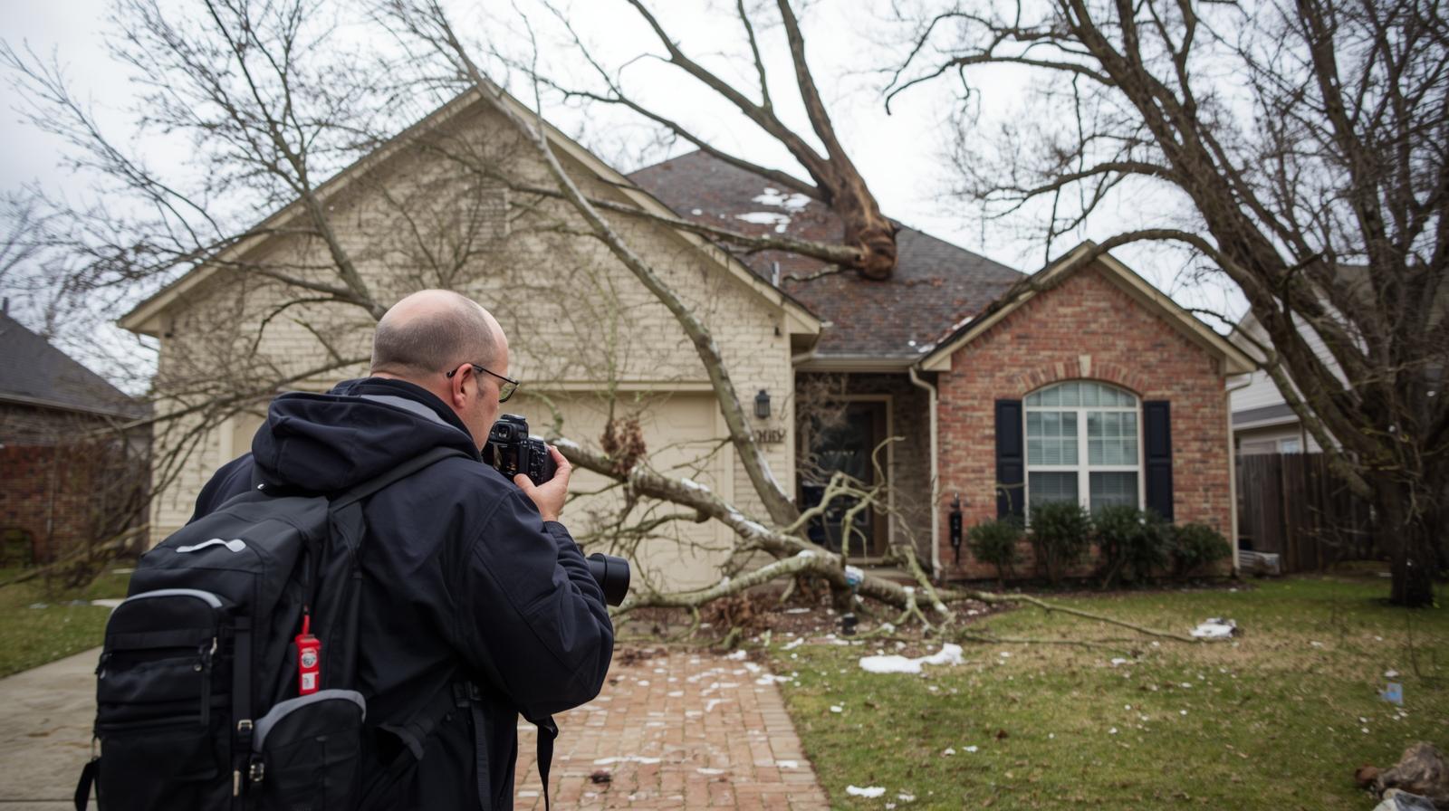 Emergency board up technician documenting residential tree damage after a Dallas ice storm for insurance claim.