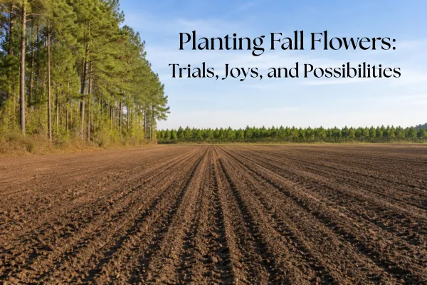 Freshly tilled fall flower field at Greentown Gardens with long planting rows, tall pine trees, open grass parking area, and the title “Planting Fall Flowers: Trials, Joys, and Possibilities.”
