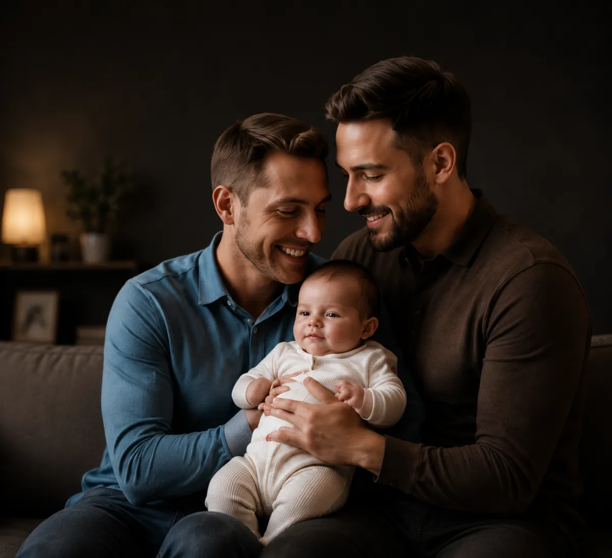 Happy father holding his newborn baby born through surrogacy