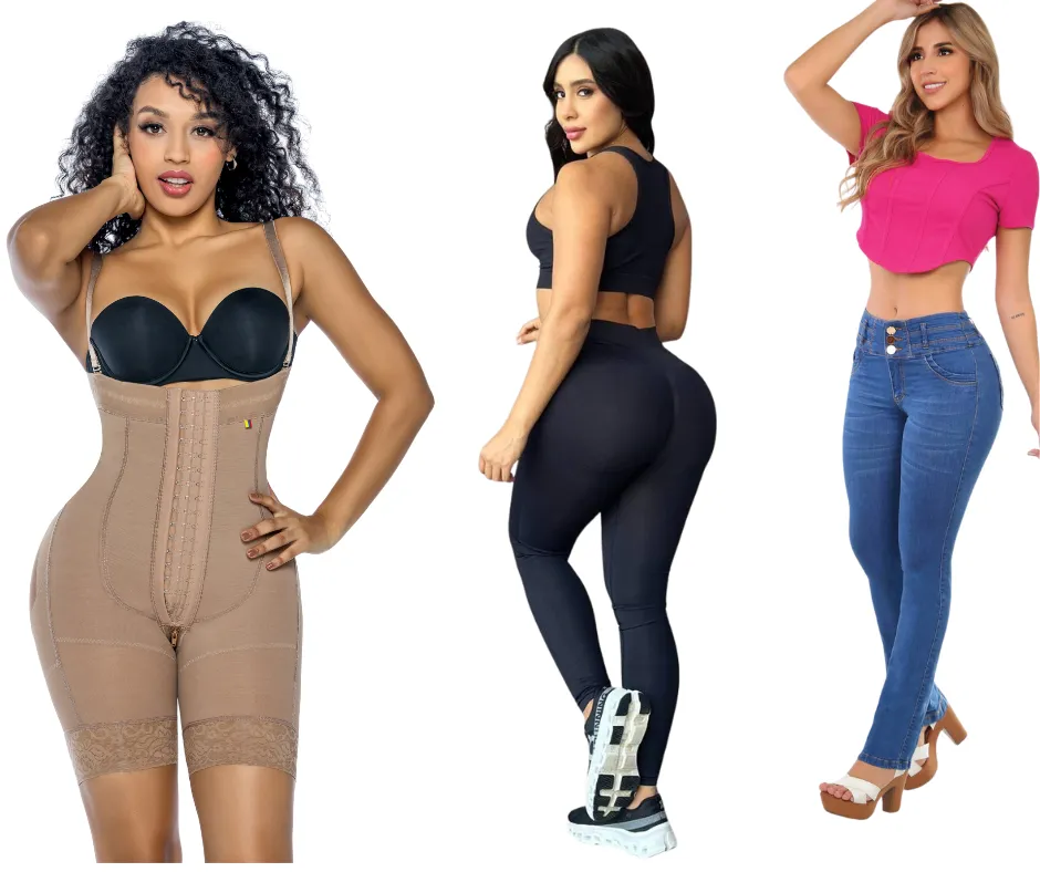 Flat lay of various shapewear products including waist trainers, bodysuits, and shorts in neutral and blush tones, arranged on a soft white surface with delicate flowers and accessories for a stylish, feminine look.