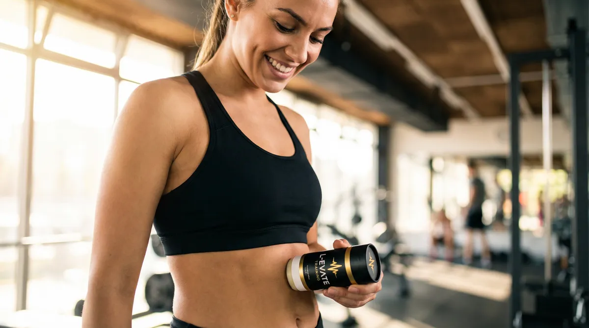 Confident woman in athletic wear holding a pink waist trainer, smiling brightly in a modern studio with soft lighting and a subtle pink gradient background. The image is vibrant, energetic, and aspirational, appealing to individuals interested in shapewear.
