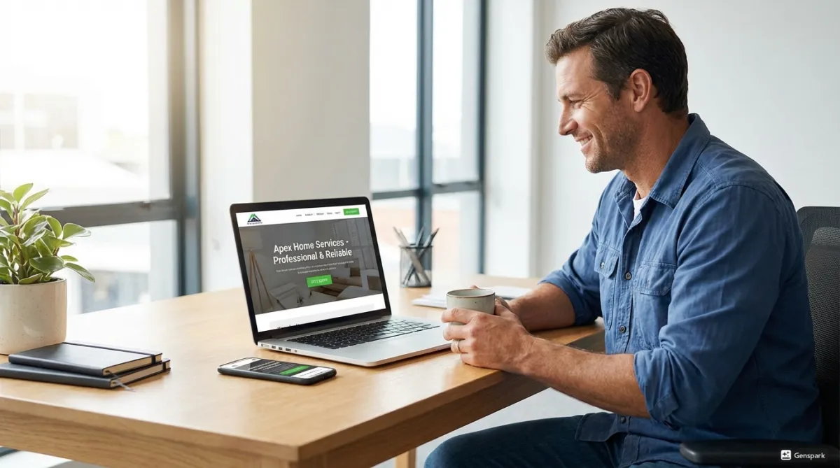 Happy entrepreneur viewing his professionally designed business website on a laptop and mobile phone, showcasing responsive web design and brand success.