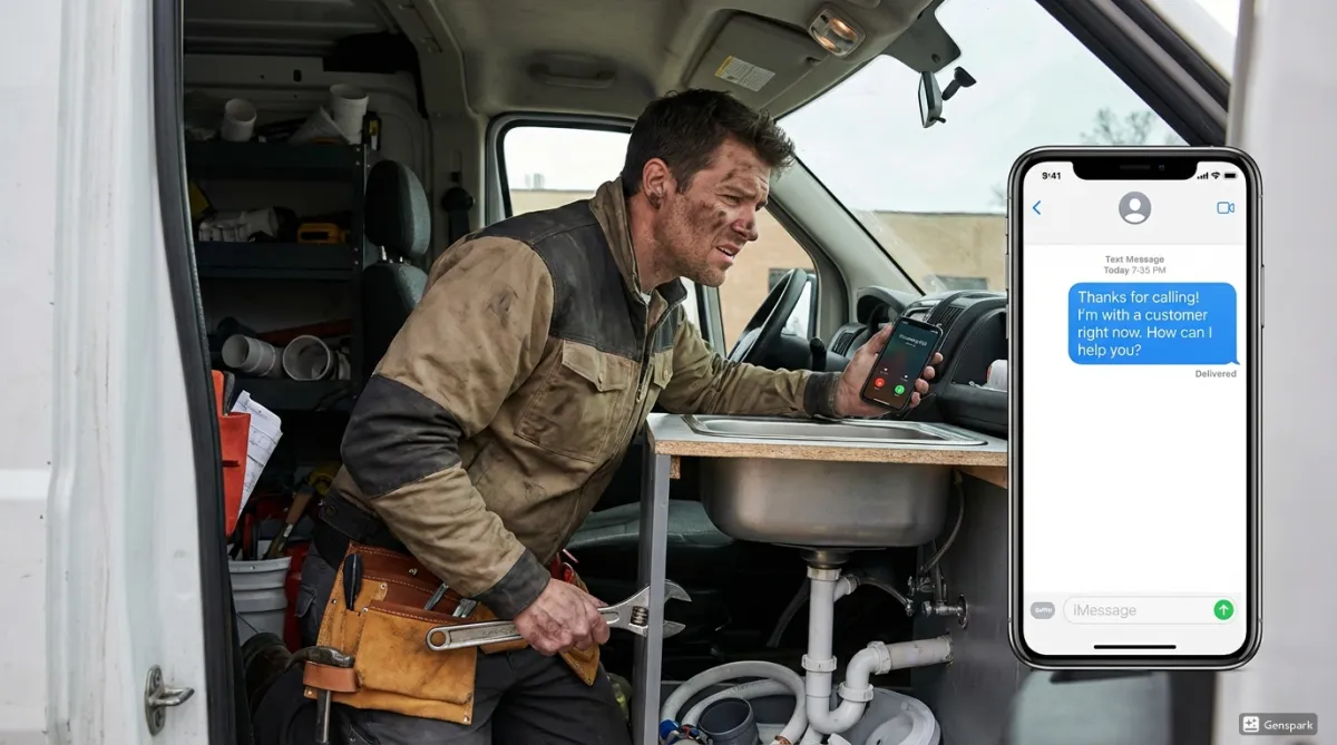 A busy tradesperson on a phone call while a second incoming call is instantly handled by an automated missed call text back service to engage the new lead immediately