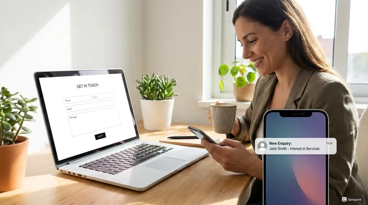 A website lead finishing an online contact form on her computer and immediately receiving an automated SMS text message response on her smartphone