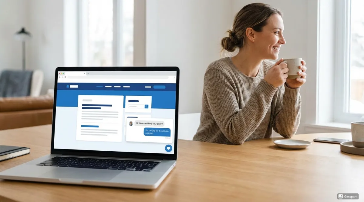 Confident business owner relaxing while her website AI assistant automatically answers customer questions and schedules appointments in the background.