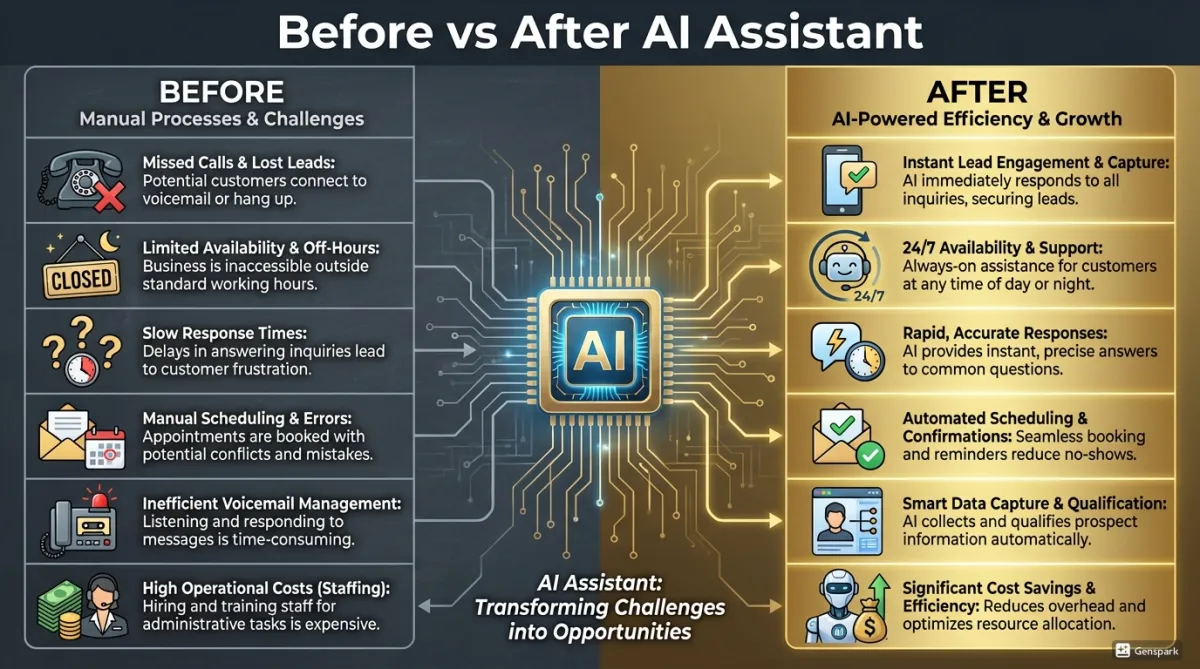 A before and after comparison showing manual business process challenges versus AI assistant efficiency and automated growth.