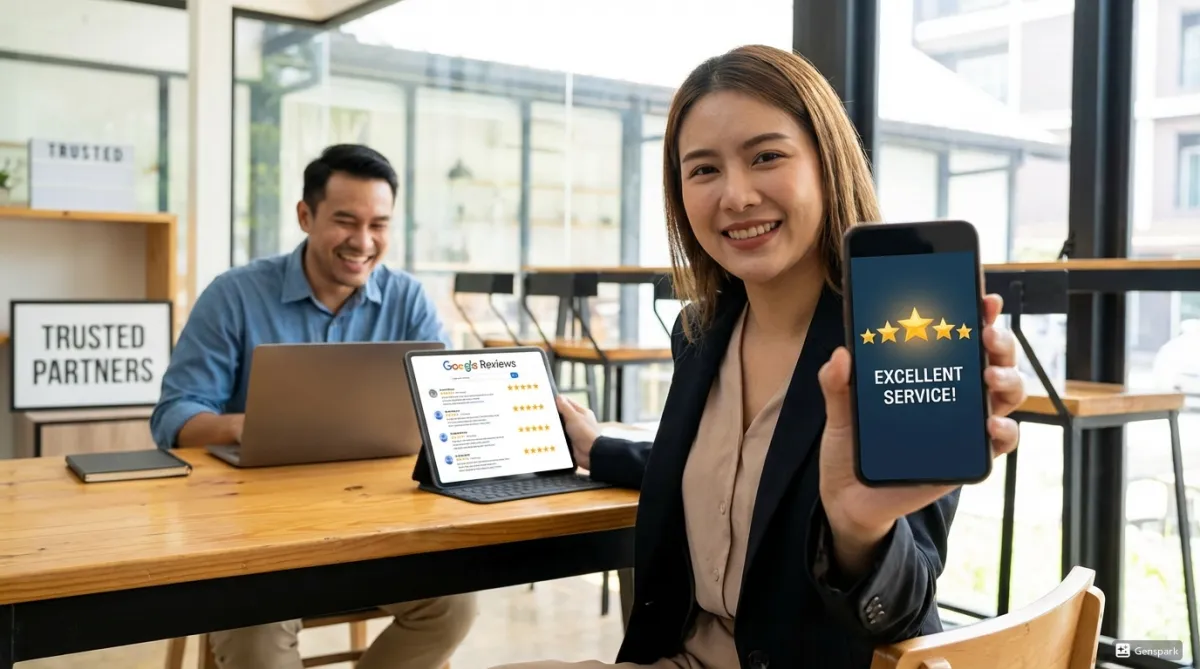 Happy business owner displaying a 5-star Google review on her laptop and mobile phone to showcase her high-rated reputation and customer trust.