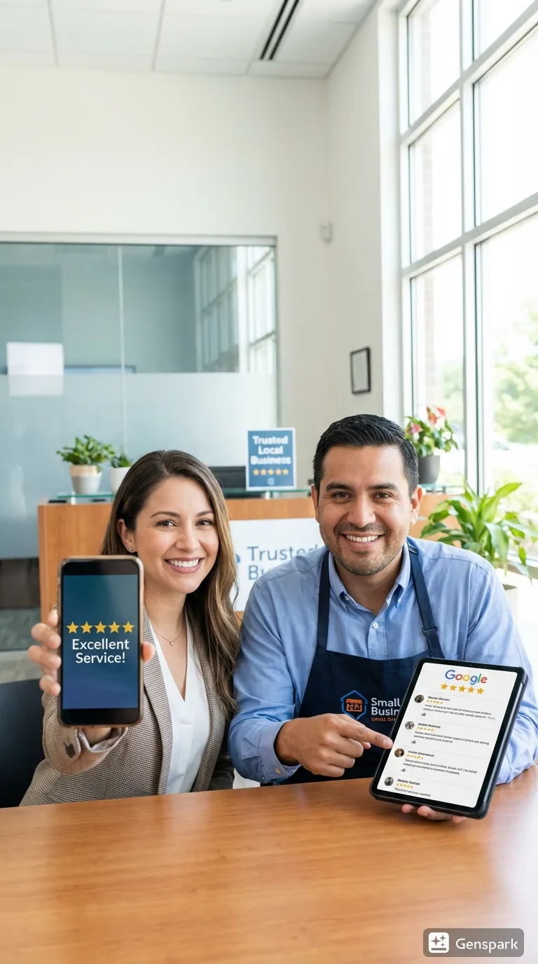 Successful business partners viewing new 5-star customer ratings generated by an automated reputation management and review request system.
