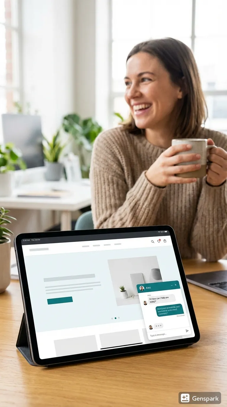 Successful woman entrepreneur multitasking with ease as an AI chatbot manages her website chat and appointment booking