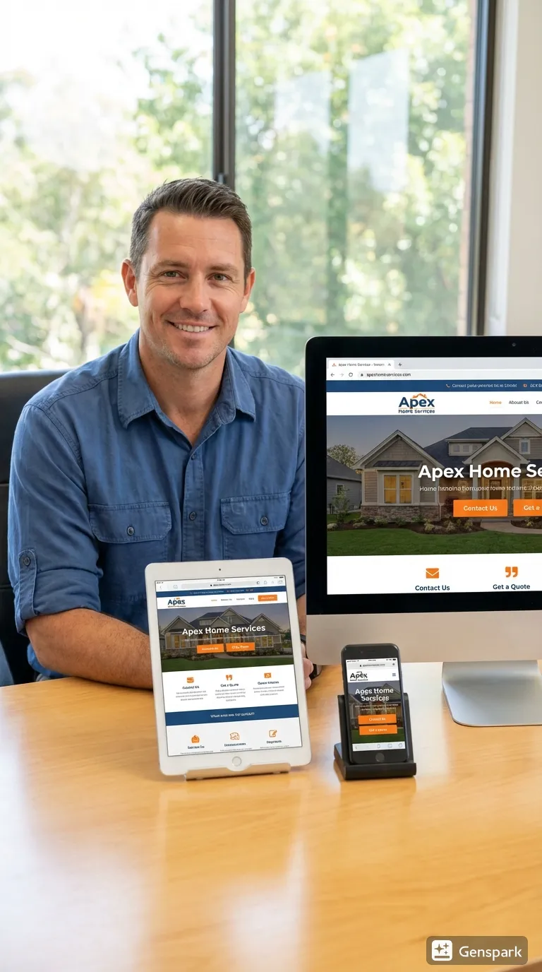 Confident small business owner sitting behind a desk showcasing a high-end responsive website on a desktop monitor, an iPad, and a smartphone.